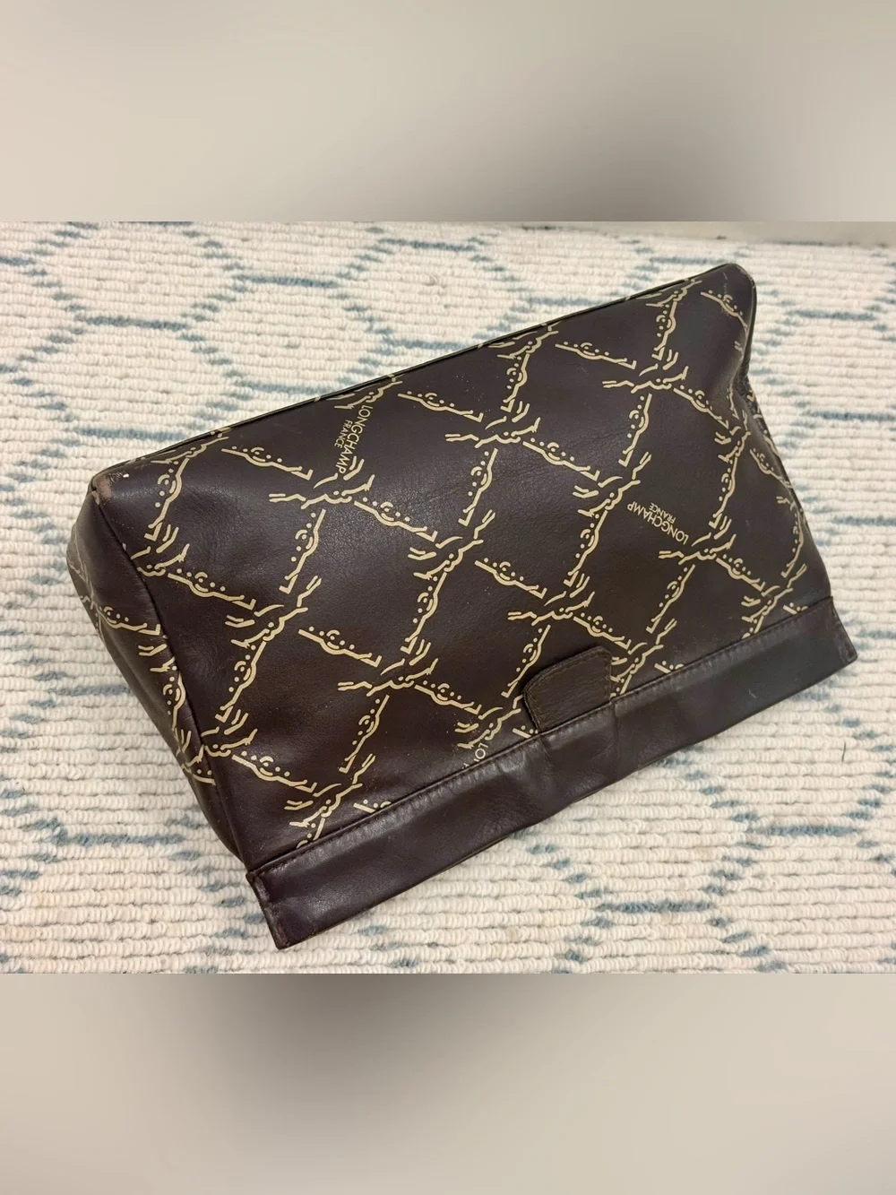 LONGCHAMP Vintage 80’s Unisex Brown Leather Monogram Pouch Clutch Made N France